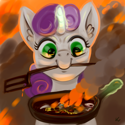 Size: 1000x1000 | Tagged: safe, artist:kovoranu, character:sweetie belle, species:pony, species:unicorn, cooking, female, filly, fire, food, frying pan, mouth hold, smiling, smoke, solo, spatula, sweetie belle can't cook, sweetie fail