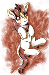 Size: 750x1150 | Tagged: safe, artist:tastyrainbow, oc, oc only, species:kirin, cute, happy, leaf pile, leaves, lying down, solo, yellow eyes