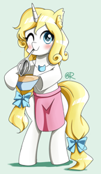 Size: 700x1210 | Tagged: safe, artist:tastyrainbow, species:pony, species:unicorn, apron, bipedal, blue, blushing, bow, bowl, clothing, cute, egg beater, green eyes, hair bow, hoof hold, one eye closed, smiling, solo, tail bow, wink
