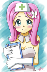 Size: 740x1150 | Tagged: safe, artist:tastyrainbow, character:fluttershy, my little pony:equestria girls, anime, bare shoulders, big eyes, blushing, breasts, cleavage, clothing, cute, female, flutternurse, gloves, happy, long gloves, nurse, shy, shyabetes, sleeveless, solo, strapless