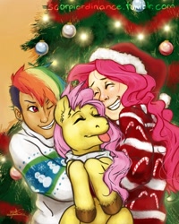 Size: 720x900 | Tagged: safe, artist:scorpiordinance, character:fluttershy, character:pinkie pie, character:rainbow dash, futaverse, christmas, christmas tree, clothing, commission, futa fluttershy, hat, holiday, humanized, santa hat, tree