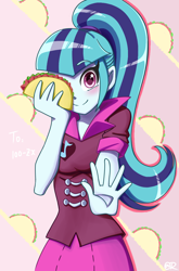 Size: 800x1210 | Tagged: safe, artist:tastyrainbow, character:sonata dusk, my little pony:equestria girls, blushing, cute, female, food, note, one eye closed, ponytail, pretty, solo, sonatabetes, sonataco, taco, that girl sure loves tacos, that siren sure does love tacos, wink