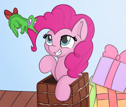 Size: 654x557 | Tagged: safe, artist:treekickerdraws, character:gummy, character:pinkie pie, species:earth pony, species:pony, christmas, cute, diapinkes, female, grin, holiday, mare, present, smiling