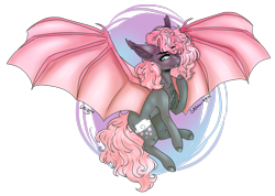 Size: 2900x2068 | Tagged: safe, artist:shadow-nights, artist:sweeterie, oc, oc only, oc:bubblegum, species:bat pony, bat wings, chest fluff, collaboration, cute, cute little fangs, ear fluff, eye clipping through hair, fangs, hair over one eye, signature, solo, wings
