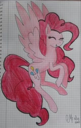 Size: 810x1276 | Tagged: safe, artist:shadow-nights, character:pinkie pie, species:pegasus, species:pony, eyes closed, female, flying, graph paper, happy, mare, paper, pegasus pinkie pie, race swap, signature, simple background, smiling, solo, spread wings, traditional art, white background, wings