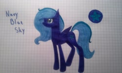 Size: 3200x1920 | Tagged: safe, artist:shadow-nights, oc, oc only, oc:navy blue sky, species:pegasus, species:pony, biography, cutie mark, female, graph paper, high res, mare, paper, simple background, solo, traditional art, white background