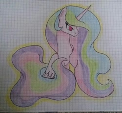 Size: 1830x1692 | Tagged: safe, artist:shadow-nights, character:princess celestia, species:alicorn, species:pony, ethereal mane, female, frown, graph paper, mare, paper, signature, simple background, solo, traditional art, white background