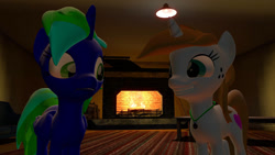 Size: 1280x720 | Tagged: safe, artist:sevenxninja, oc, oc only, oc:love biscuit, oc:lydia dieselsteam, species:alicorn, species:pony, species:unicorn, 3d, chair, concerned, couch, deviantart, fireplace, gmod, huge smile, jewelry, necklace, table, wood