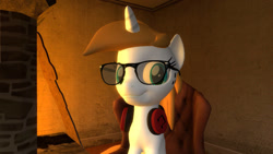 Size: 1280x720 | Tagged: safe, artist:sevenxninja, oc, oc:love biscuit, species:pony, species:unicorn, 3d, chair, fireplace, glasses, gmod, headphones, relaxing, target, wood target