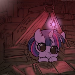 Size: 1000x1000 | Tagged: safe, artist:hinoraito, character:twilight sparkle, species:pony, species:unicorn, book, book fort, book tent, cute, female, filly, hnnng, lying down, magic, prone, reading, smiling, that pony sure does love books, twiabetes, weapons-grade cute