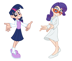 Size: 2000x1687 | Tagged: safe, artist:trinityinyang, character:rarity, character:twilight sparkle, clothing, dress, glasses, humanized, skinny, skirt