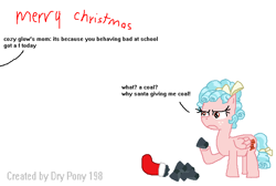 Size: 678x455 | Tagged: safe, artist:drypony198, character:cozy glow, angry, christmas, christmas stocking, clothing, coal, cozy glow is not amused, engrish, foal, holiday, stockings, thigh highs