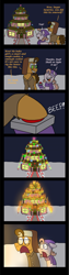 Size: 1001x3967 | Tagged: safe, artist:crazynutbob, character:cheese sandwich, oc, oc:sugar surprise, parent:cheese sandwich, parent:pinkie pie, parents:cheesepie, species:deer, species:reindeer, big red button, boots, button, candy, candy cane, christmas, clothing, coat, comic, facial hair, father and daughter, female, filly, fire, food, glasses, hat, heart, hearth's warming, hearth's warming lights, holiday, house, lights, male, moustache, next generation, offspring, oops, rudolph the red nosed reindeer, scarf, shoes, snow, wreath