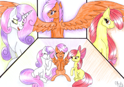 Size: 1733x1230 | Tagged: safe, artist:shadow-nights, character:apple bloom, character:scootaloo, character:sweetie belle, species:earth pony, species:pegasus, species:pony, species:unicorn, newbie artist training grounds, adorabloom, colored, cute, cutealoo, cutie mark crusaders, diasweetes, eyes closed, eyeshadow, female, filly, grin, happy, laughing, lidded eyes, makeup, mare, older, older apple bloom, older scootaloo, older sweetie belle, open mouth, paper, raised hoof, signature, simple background, sitting, smiling, smirk, spread wings, traditional art, trio, white background, wings