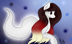 Size: 650x400 | Tagged: safe, artist:shadow-nights, oc, oc only, oc:aave, species:pony, abstract background, female, ghost pony, gradient hair, mare, signature, smiling, solo