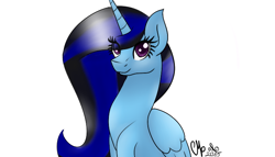 Size: 700x400 | Tagged: safe, artist:shadow-nights, oc, oc only, oc:moonlight, species:alicorn, species:pony, alicorn oc, eye clipping through hair, female, looking at you, mare, signature, simple background, smiling, solo, white background
