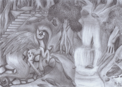 Size: 1733x1236 | Tagged: safe, artist:shadow-nights, character:fluttershy, species:pegasus, species:pony, amazed, butterfly, female, looking at something, mare, monochrome, nature, open mouth, outdoors, pencil drawing, raised hoof, signature, smiling, solo, spread wings, three quarter view, traditional art, tree, water, waterfall, wings