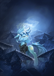 Size: 1024x1434 | Tagged: safe, artist:ramiras, character:lyra heartstrings, species:pony, species:unicorn, fanfic:background pony, clothing, crying, dig the swell hoodie, eyes closed, fanfic, fanfic art, fanfic cover, female, hoodie, mare, rain, solo focus, sweater, umbrella