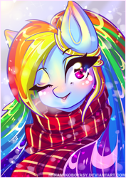 Size: 2893x4092 | Tagged: safe, artist:minamikoboyasy, character:rainbow dash, species:pegasus, species:pony, anime, blushing, clothing, female, heart eyes, lips, mare, one eye closed, open mouth, red scarf, scarf, solo, url, watermark, wingding eyes, wink