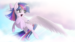 Size: 7200x4050 | Tagged: safe, artist:maneingreen, character:twilight sparkle, character:twilight sparkle (alicorn), species:alicorn, species:pony, absurd resolution, chest fluff, cloud, female, flying, sky, smiling, solo, wings