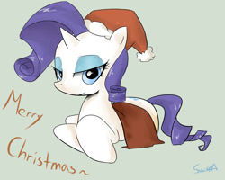 Size: 1280x1024 | Tagged: safe, artist:swomswom, character:rarity, species:pony, species:unicorn, christmas, clothing, female, hat, lidded eyes, mare, prone, santa hat, smiling, solo