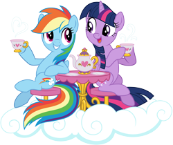 Size: 8000x6732 | Tagged: safe, artist:lahirien, character:rainbow dash, character:twilight sparkle, character:twilight sparkle (alicorn), species:alicorn, species:pegasus, species:pony, absurd resolution, cloud, cup, cute, dashabetes, duo, female, food, seat, simple background, sitting, smiling, table, tea, tea party, teacup, teapot, transparent background, twiabetes, vector