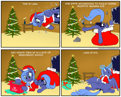 Size: 3040x2440 | Tagged: safe, artist:zoarvek, character:princess luna, species:alicorn, species:pony, blep, christmas, clothing, comic, costume, dock, female, frog (hoof), high res, holiday, mare, merry christmas, s1 luna, santa costume, signature, solo, text, tongue out, trolluna, underhoof