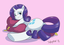 Size: 4393x3119 | Tagged: safe, artist:jeglegator, character:rarity, species:pony, species:unicorn, bedroom eyes, blushing, butt, female, hug, looking at you, looking back, looking back at you, pillow, pillow hug, plot, solo