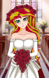 Size: 537x850 | Tagged: safe, artist:anonix123, character:sunset shimmer, species:human, my little pony:equestria girls, bare shoulders, beautiful, bouquet, breasts, bride, chapel, cleavage, clothing, cute, dress, female, floral head wreath, flower, humanized, shimmerbetes, smiling, solo, wedding dress