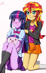 Size: 750x1200 | Tagged: safe, artist:tastyrainbow, character:sunset shimmer, character:twilight sparkle, my little pony:equestria girls, blushing, clothing, cute, duo, happy, pleated skirt, schrödinger's pantsu, simple background, skirt, socks, twibutt, upskirt denied, white background