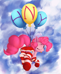 Size: 2676x3241 | Tagged: safe, artist:hitbass, character:pinkie pie, species:pony, balloon, blep, blushing, clothing, cute, diapinkes, female, floating, happy new year 2019, mare, one eye closed, plot, silly, sky, socks, solo, striped socks, then watch her balloons lift her up to the sky, tongue out, wink