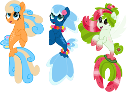 Size: 6000x4369 | Tagged: safe, artist:pilot231, oc, oc only, oc:sea foam ep, oc:shelly shores, oc:watermelana, species:pony, species:seapony (g4), absurd resolution, female, fins, flower on ear, freckles, gradient hooves, lei, mare, movie accurate, simple background, transparent background, trio, vector