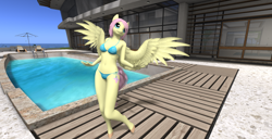 Size: 1920x986 | Tagged: safe, artist:bangayo, character:fluttershy, species:anthro, 3d, belly button, bikini, clothing, female, midriff, second life, sexy, solo, swimming pool, swimsuit, video in description