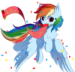 Size: 1300x1250 | Tagged: safe, artist:heddopen, character:rainbow dash, species:pegasus, species:pony, banner, chest fluff, cute, dashabetes, female, flying, happy new year, holiday, mare, mouth hold, simple background, solo, white background