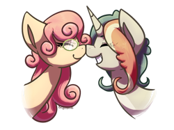 Size: 1024x765 | Tagged: safe, artist:crownedspade, oc, oc only, oc:pastel curls, oc:sandy, species:earth pony, species:pony, species:unicorn, female, mare, nuzzling, simple background, transparent background