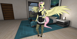 Size: 1920x986 | Tagged: safe, artist:bangayo, character:fluttershy, species:anthro, species:pegasus, species:pony, species:unguligrade anthro, 3d, backless, bedroom, breasts, clothing, female, fluttermaid, french maid, lingerie, maid, mare, second life, sexy, sideboob, solo, stockings, thigh highs