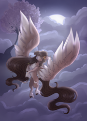 Size: 2460x3410 | Tagged: safe, artist:shadow-nights, oc, oc only, oc:astralia, species:pegasus, species:pony, big wings, commission, female, flying, mare, moon, night, solo, tree, wings