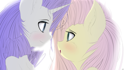 Size: 6400x3600 | Tagged: safe, artist:maneingreen, character:fluttershy, character:rarity, species:pegasus, species:pony, species:unicorn, ship:rarishy, blushing, chest fluff, ear fluff, female, lesbian, love, shipping