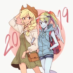 Size: 1334x1334 | Tagged: safe, artist:dcon, character:applejack, character:rainbow dash, ship:appledash, my little pony:equestria girls, 2019, clothing, cowboy hat, female, freckles, happy new year, happy new year 2019, hat, holiday, hoodie, lesbian, shipping, shorts, smiling