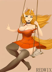 Size: 5000x7000 | Tagged: safe, artist:redwix, oc, oc only, oc:sandra dunes, species:anthro, species:pony, species:unicorn, absurd resolution, anthro oc, breasts, choker, clothing, dress, female, looking at you, open mouth, orange background, simple background, sitting, socks, solo, stockings, swing, swinging, thigh highs, ych result