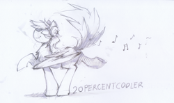 Size: 1280x760 | Tagged: safe, artist:glacierponi, character:rainbow dash, species:pegasus, species:pony, 20% cooler, eyes closed, female, headphones, monochrome, music notes, sketch, solo, traditional art