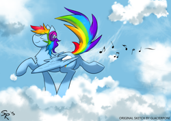 Size: 1280x904 | Tagged: safe, artist:glacierponi, artist:sitrirokoia, character:rainbow dash, species:pegasus, species:pony, 20% cooler, cloud, eyes closed, female, headphones, music notes, solo