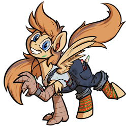 Size: 1000x1000 | Tagged: safe, artist:kalemon, oc, oc:tami, species:hippogriff, clothing, female, leggings, long hair, mp3 player, overalls, paint on fur, paintbrush, smiling, space horse rpg, tank top, wings