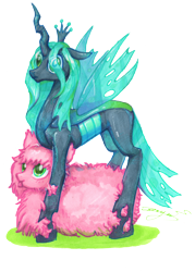 Size: 6464x9024 | Tagged: safe, artist:angusdra, character:queen chrysalis, oc, oc:fluffle puff, species:changeling, ship:chrysipuff, absurd resolution, canon x oc, changeling queen, female, lesbian, shipping, simple background, tongue out, transparent background