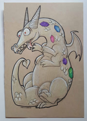 Size: 1075x1500 | Tagged: safe, artist:darkodraco, character:crackle, species:dragon, colored pencil drawing, dragoness, female, ink drawing, open mouth, partial color, simple background, sketch, solo, teeth, tongue out, traditional art
