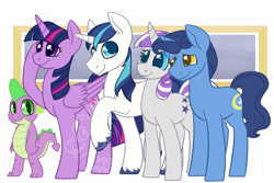 Size: 1000x666 | Tagged: safe, alternate version, artist:darkodraco, character:night light, character:shining armor, character:spike, character:twilight sparkle, character:twilight sparkle (alicorn), character:twilight velvet, species:alicorn, species:dragon, species:pony, species:unicorn, family, female, looking at you, male, mare, smiling, sparkle family, stallion, unshorn fetlocks, watermark