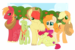 Size: 1000x666 | Tagged: safe, alternate version, artist:darkodraco, character:apple bloom, character:applejack, character:big mcintosh, character:bright mac, character:granny smith, character:pear butter, species:earth pony, species:pony, apple bloom's cutie mark, apple family, apple siblings, apple sisters, apple tree, bow, brother and sister, clothing, cowboy hat, exploitable meme, eye clipping through hair, eyes closed, family, father and daughter, father and son, female, filly, freckles, grandmother, grandmother and grandchild, grandmother and granddaughter, grandmother and grandson, hair bow, hat, husband and wife, male, mare, meme, mother and child, mother and daughter, mother and daughter-in-law, mother and son, obtrusive watermark, open mouth, siblings, sisters, smiling, stallion, the whole apple family, tree, unshorn fetlocks, wall of tags, watermark
