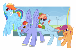 Size: 1000x666 | Tagged: safe, alternate version, artist:darkodraco, character:bow hothoof, character:rainbow dash, character:scootaloo, character:windy whistles, species:pegasus, species:pony, bipedal, excited, family, female, filly, male, mare, obtrusive watermark, open mouth, smiling, spread wings, stallion, unshorn fetlocks, watermark, wings