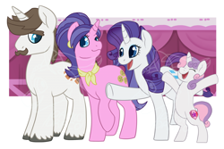 Size: 1000x666 | Tagged: safe, alternate version, artist:darkodraco, character:cookie crumbles, character:hondo flanks, character:rarity, character:sweetie belle, species:pony, species:unicorn, bipedal, eyes closed, family, female, filly, happy, male, mare, open mouth, raised hoof, smiling, stallion, unshorn fetlocks, watermark