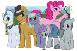 Size: 1000x666 | Tagged: safe, alternate version, artist:darkodraco, character:boulder, character:cloudy quartz, character:igneous rock pie, character:limestone pie, character:marble pie, character:maud pie, character:pinkie pie, species:earth pony, species:pony, clothing, confetti, family, female, floppy ears, glasses, hat, looking at you, looking down, male, mare, necktie, obtrusive watermark, pie family, pie sisters, raised hoof, siblings, sisters, smiling, stallion, unamused, watermark